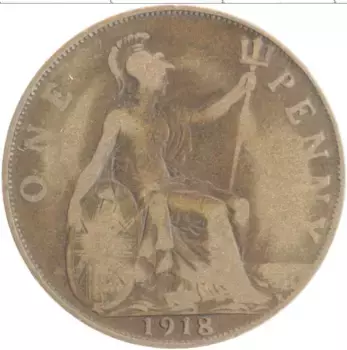 Монета пенни Англии 1918 года Бронза Георг V