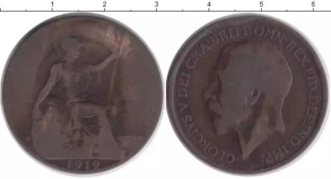 Монета пенни Англии 1919 года Бронза Георг V