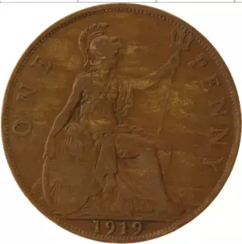 Монета пенни Англии 1919 года Бронза Георг V