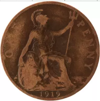 Монета пенни Англии 1919 года Бронза Георг V
