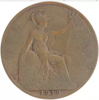 Монета пенни Англии 1919 года Бронза Георг V