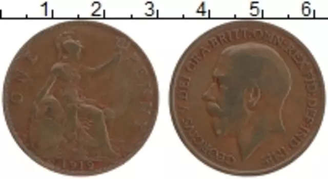 Монета пенни Англии 1919 года Бронза Георг V (м