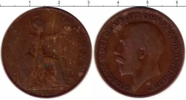 Монета пенни Англии 1920 года Бронза Георг V