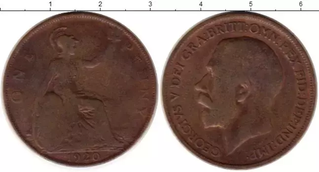 Монета пенни Англии 1920 года Бронза Георг V