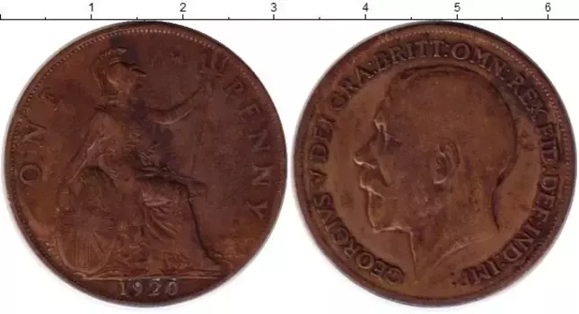 Монета пенни Англии 1920 года Бронза Георг V
