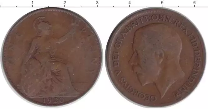 Монета пенни Англии 1920 года Медь Георг V