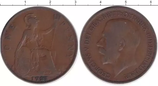 Монета пенни Англии 1921 года Бронза Георг V