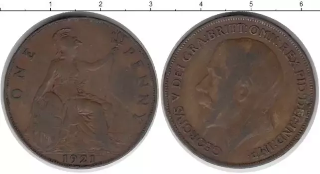 Монета пенни Англии 1921 года Бронза Георг V