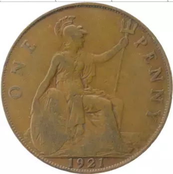 Монета пенни Англии 1921 года Бронза Георг V