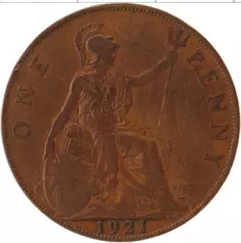 Монета пенни Англии 1921 года Бронза Георг V