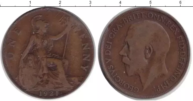 Монета пенни Англии 1921 года Медь Георг V