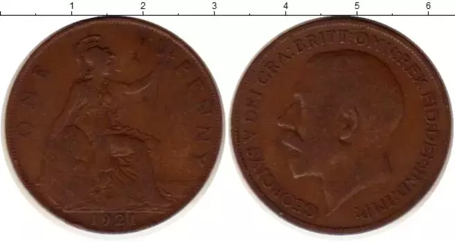 Монета пенни Англии 1921 года Медь Георг V