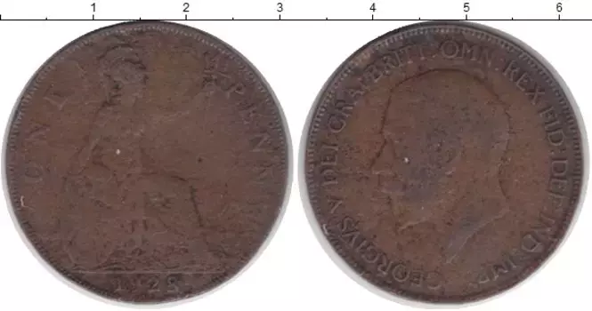 Монета пенни Англии 1928 года Медь Георг V