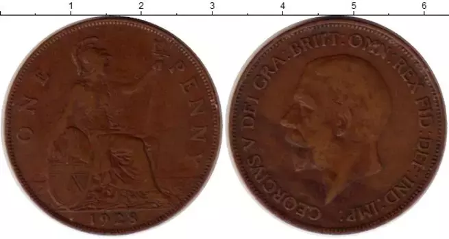 Монета пенни Англии 1928 года Медь Георг V