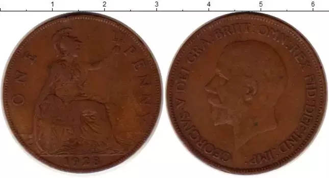 Монета пенни Англии 1928 года Медь Георг V