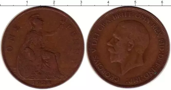 Монета пенни Англии 1928 года Медь Георг V