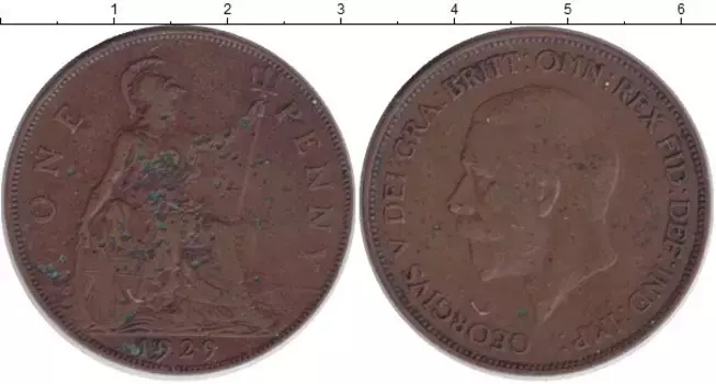 Монета пенни Англии 1929 года Медь Георг V
