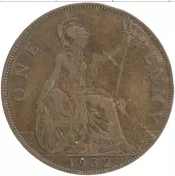 Монета пенни Англии 1932 года Бронза Георг V