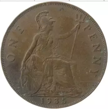 Монета пенни Англии 1935 года Медь Георг V