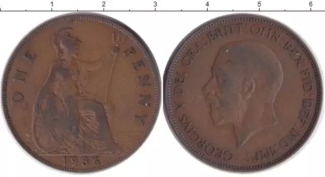 Монета пенни Англии 1936 года Бронза Георг V
