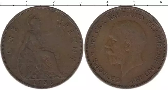 Монета пенни Англии 1936 года Бронза Георг V