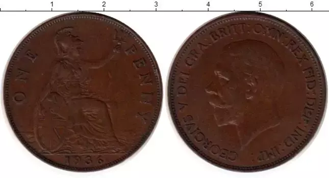 Монета пенни Англии 1936 года Бронза Георг V