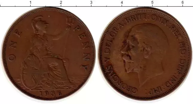 Монета пенни Англии 1936 года Бронза Георг V