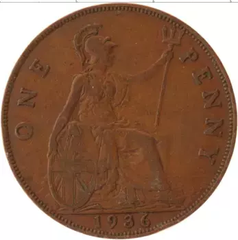 Монета пенни Англии 1936 года Бронза Георг V