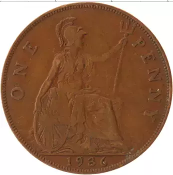 Монета пенни Англии 1936 года Бронза Георг V