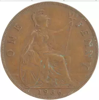 Монета пенни Англии 1936 года Бронза Георг V