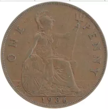 Монета пенни Англии 1936 года Бронза Георг V