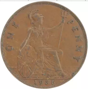 Монета пенни Англии 1936 года Бронза Георг V