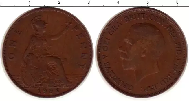 Монета пенни Англии 1936 года Медь Георг V