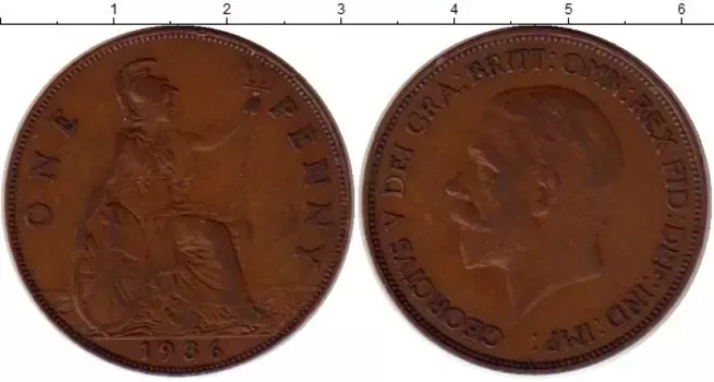 Монета пенни Англии 1936 года Медь Георг V