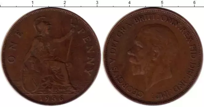 Монета пенни Англии 1936 года Медь Георг V
