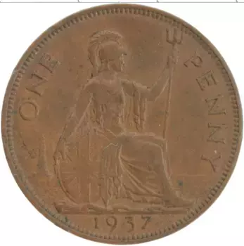 Монета пенни Англии 1937 года Бронза Георг VI