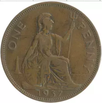 Монета пенни Англии 1937 года Бронза Георг VI