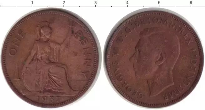 Монета пенни Англии 1937 года Медь Георг VI