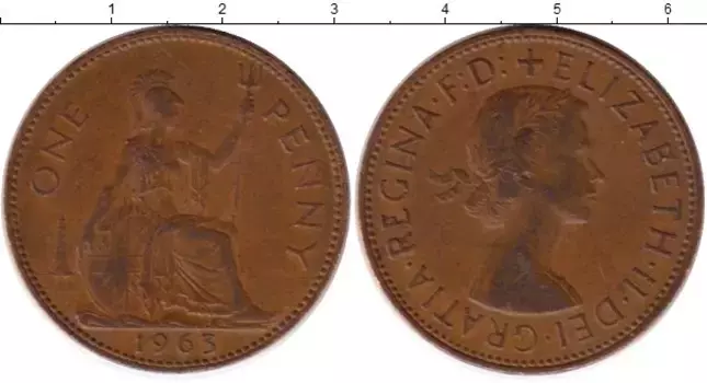 Монета пенни Англии 1963 года Бронза Елизавета II