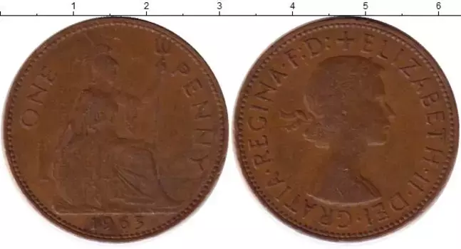 Монета пенни Англии 1963 года Бронза Елизавета II