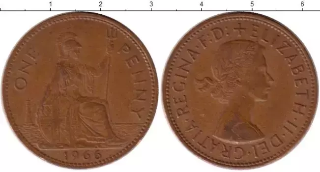 Монета пенни Англии 1966 года Бронза Елизавета II