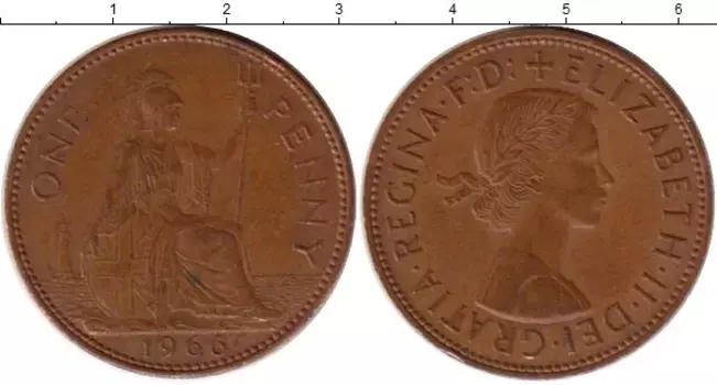Монета пенни Англии 1966 года Бронза Елизавета II