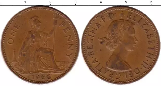 Монета пенни Англии 1966 года Бронза Елизавета II