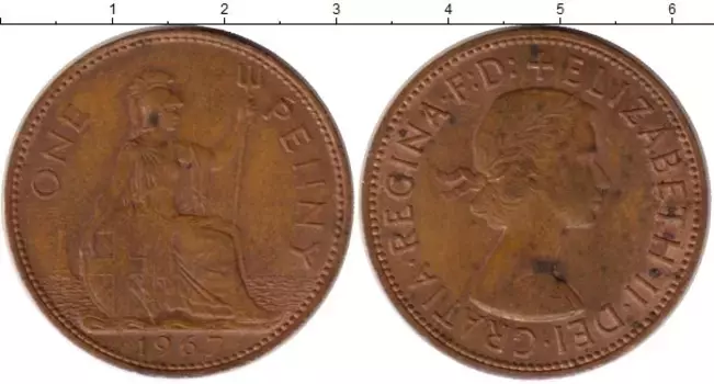 Монета пенни Англии 1967 года Бронза Елизавета II