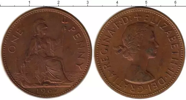 Монета пенни Англии 1967 года Бронза Елизавета II