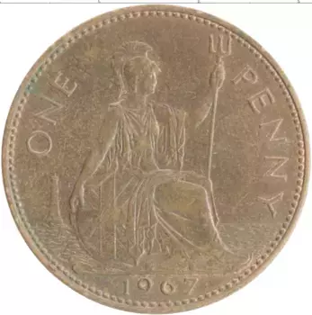 Монета пенни Англии 1967 года Бронза Елизавета II