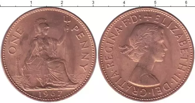 Монета пенни Англии 1967 года Медь Елизавета II