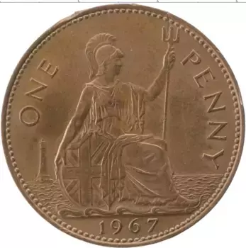 Монета пенни Англии 1967 года Медь Елизавета II