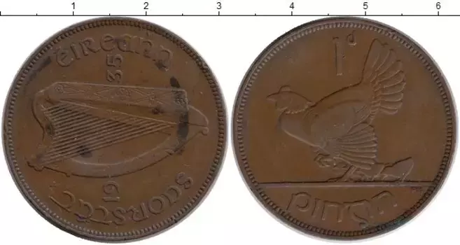 Монета пенни Ирландии 1935 года Бронза Курица с цыплятами