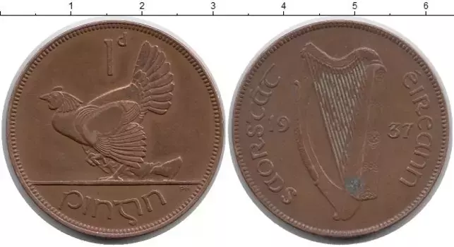 Монета пенни Ирландии 1937 года Бронза Курица